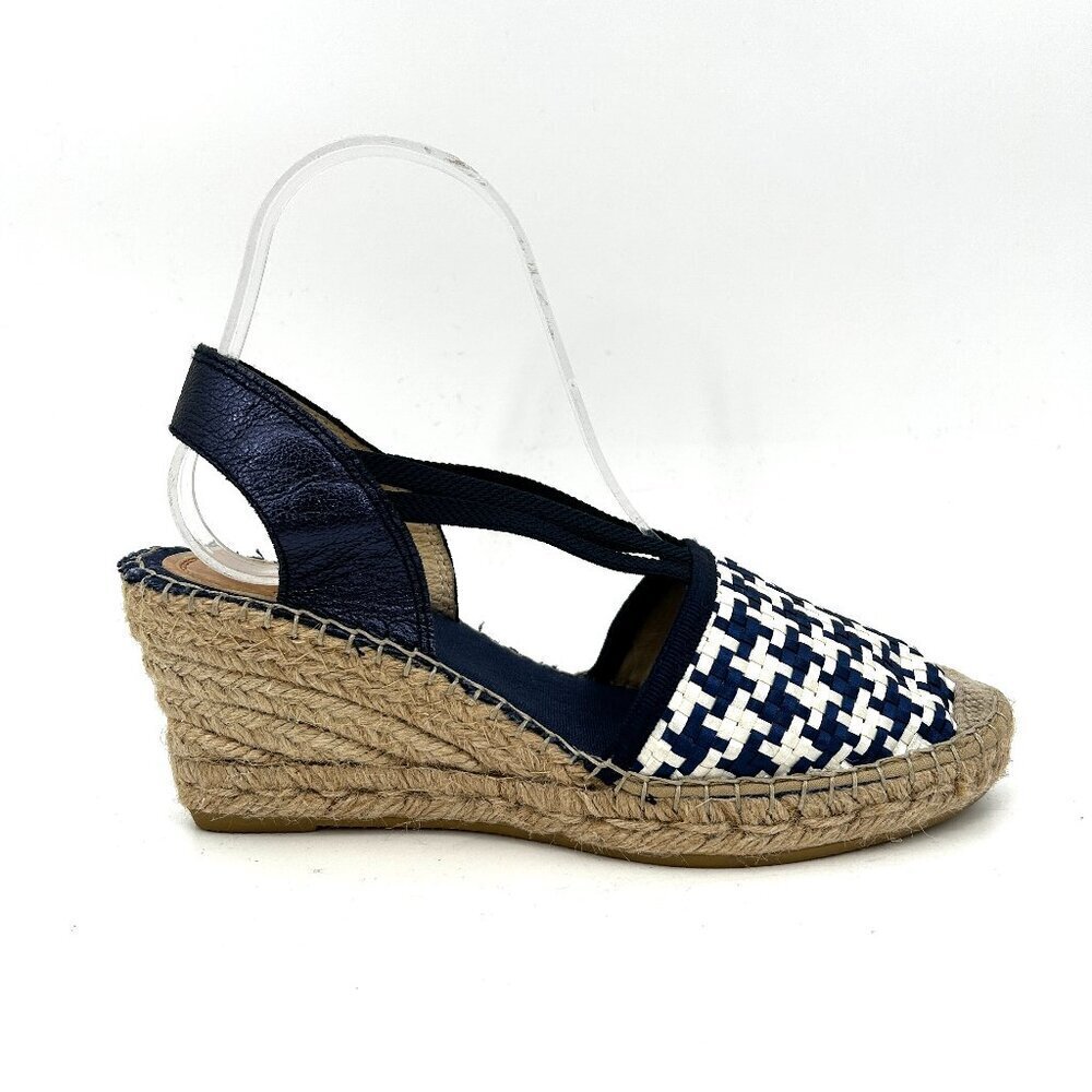 HEYRAUD Navy Blue White Leather Woven Espadrille Wedge Sandals Size EU 38